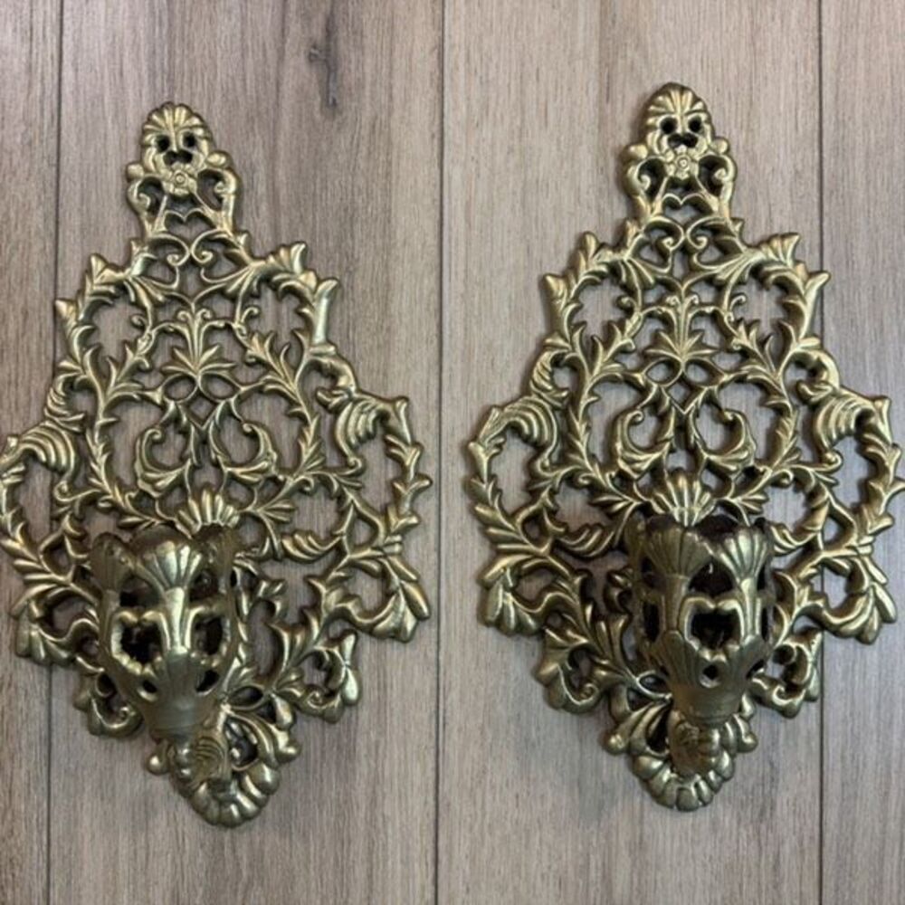 Vintage Brass Ornate Metal Filigree Wall Sconces Candle Holders India Set of 2